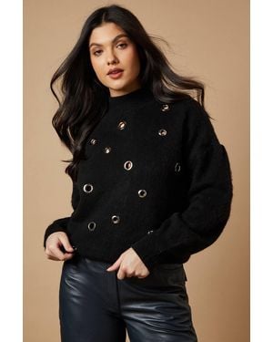 Warehouse Eyelet Scoop Neck Sweater - Black