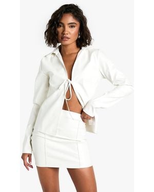 Boohoo Tall Pu Tie Front Shirt And Mini Skirt Set - White