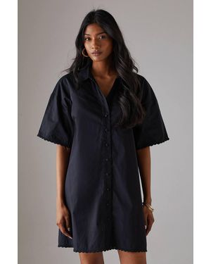 Warehouse Poplin Crochet Trim Western Mini Shirt Dress - Black