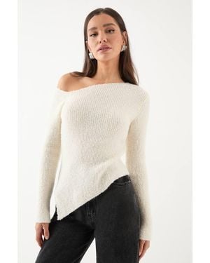 MissPap Asymmetric Knitted Boucle Top - White