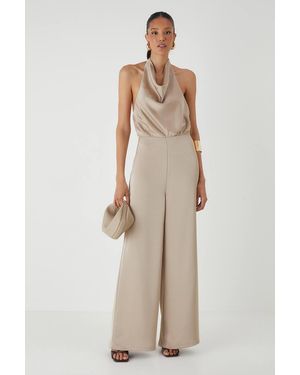 MissPap Satin Cowl Neck Wide Leg Jumpsuit - Natural