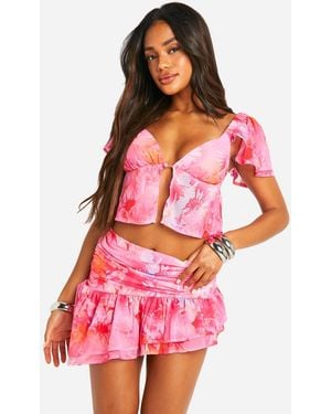 Boohoo Abstract Chiffon Ruffle Micro Mini Skirt - Red