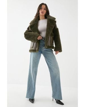 MissPap Contrast Borg Detail Aviator Jacket - Gray