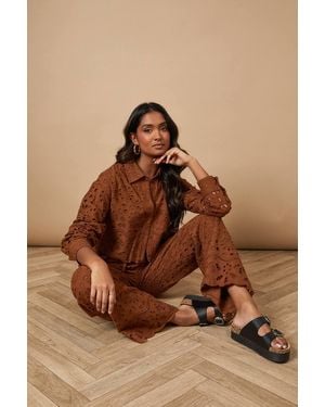 Oasis Broderie Drawstring Waist Trouser - Brown