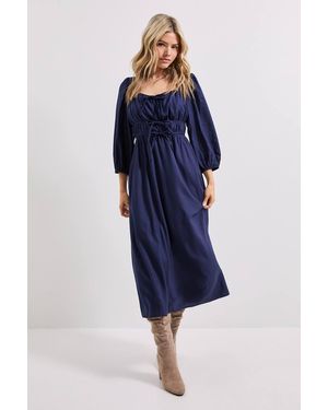 Dorothy Perkins Shirred Bodice Tie Detail Sweetheart Midi Dress - Blue