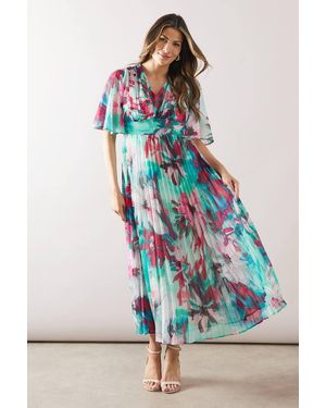 Wallis Abstract Print Pleated Cape Sleeve Midi Dress - Blue