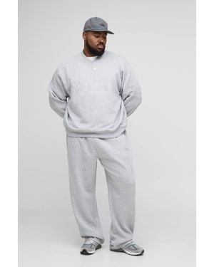 BoohooMAN Plus Oversized Boxy V-Neck Varsity Applique Sweatshirt Tracksuit - Gray