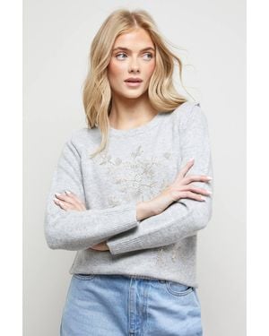 Oasis Floral Embellished Ribbed Shoulder Crew Neck Sweater - White