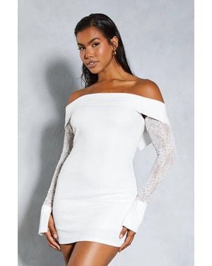 MissPap Lace Bardot Cuff Detail Bodycon Mini Dress - White