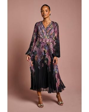 Coast Petite Placement Print Long Sleeve Chiffon Pleated Wrap Dress - Black