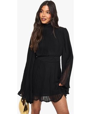 Boohoo Pleated Chiffon High Neck Flare Sleeve Mini Dress - Black