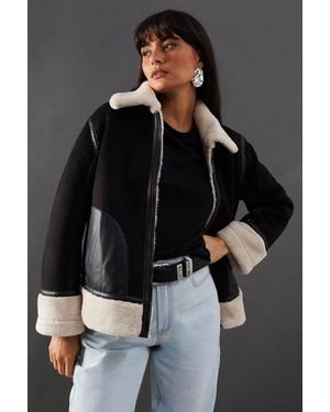 Warehouse Contrast Faux Fur Lined Shearling Zip Through Coat - Black
