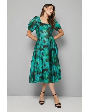 Wallis Floral Organza Puff Sleeve Midi Dress - Green