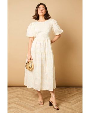 Oasis Floral Embroidered Puff Sleeve Midi Dress - Natural