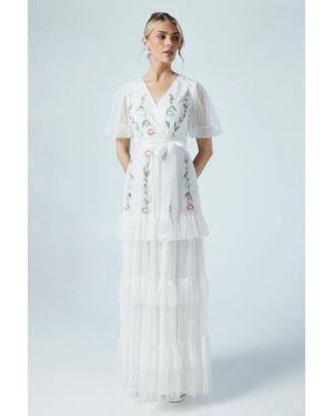 Coast Ditsy Floral Puff Sleeve Embroidered Tiered Mesh Wedding Dress - Blue
