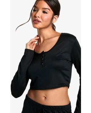 Boohoo Loungewear Soft Touch Button Up Long Sleeve Crop Top - Black