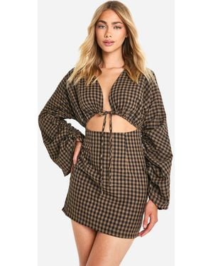 Boohoo Gingham Volume Sleeve Mini Dress - Brown