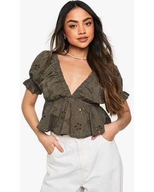 Boohoo Broderie Smock Top - Green
