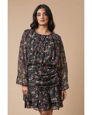 Oasis Floral Chiffon Gathered Ruched Mini Dress - Brown