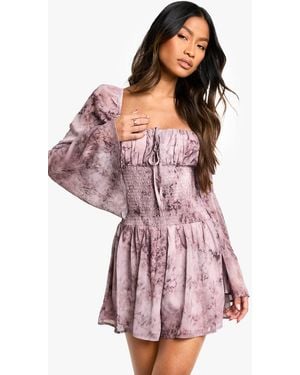 Boohoo Floral Shirred Chiffon Playsuit - Pink