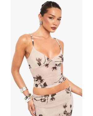 Boohoo Embellished Printed Mesh Lined Strappy Cami Top - Natural