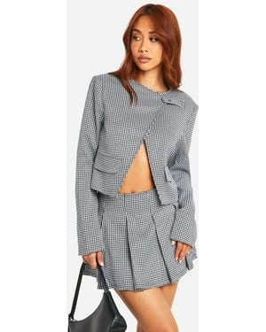 Boohoo Tonal Mini Dogtooth Asymmetric Cropped Blazer - Blue
