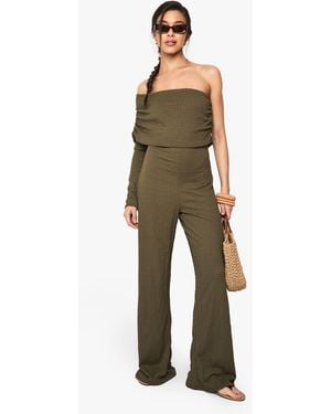 Boohoo One Shoulder Wide Leg Textured Jumpsuit - Green