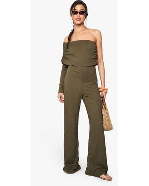 Boohoo One Shoulder Wide Leg Textured Jumpsuit - Green