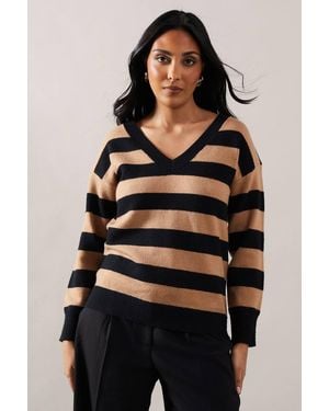 Wallis Petite Striped Detail V Neck Sweater - Multicolor
