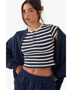 DSGN Studio Stripe Button Detail Short Sleeve Top - Blue