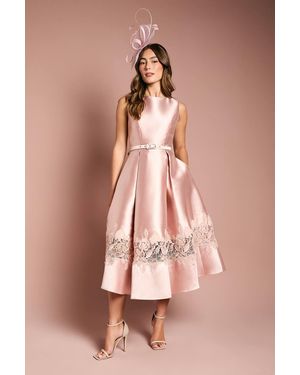 Coast Sleeveless Twill Midi Dress With Lace Trim And Belt - Pink