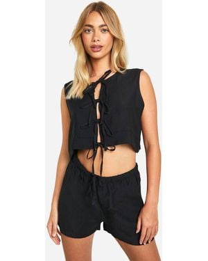 Boohoo Linen Look Tie Front Sleeveless Blouse & Flippy Shorts - Black