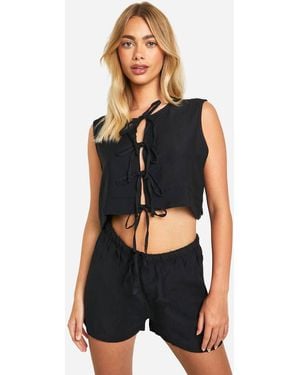 Boohoo Linen Look Tie Front Sleeveless Blouse & Flippy Shorts - Black