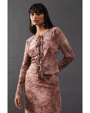 Warehouse Burnout Velvet Tie Front Top - Brown