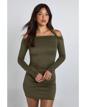 Boohoo Halter Neck Bardot Long Sleeve Mini Dress - Green