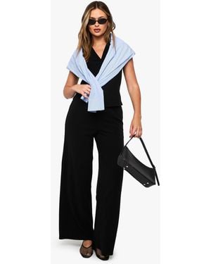 Boohoo Brushed Micro Rib Wide Leg Trouser - Blue