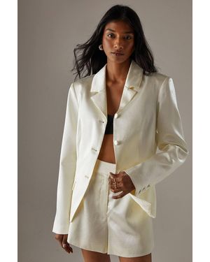 Warehouse Jacquard Satin Fitted Waist Blazer - Brown