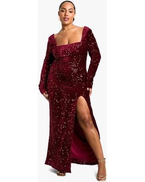 Boohoo Plus Sequin Velvet Split Maxi Dress - Red