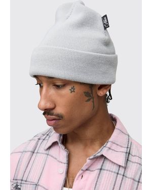 Boohoo Sfera Ribbed Beanie With Woven Tab - Gray