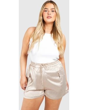 Boohoo Plus Satin Cargo Utility Shorts - White