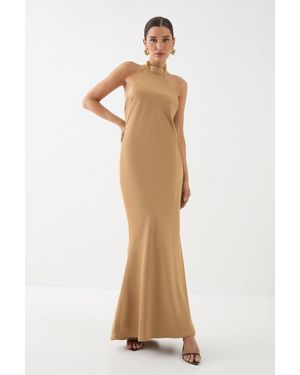 MissPap High Neck Satin Cowl Back Bridesmaid Dress - Natural