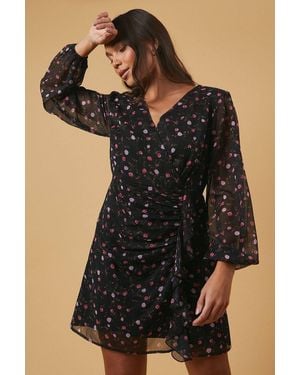 Oasis Petite Occasion Floral Ruffle Wrap Mini Dress - Black