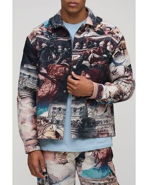 Boohoo Regular Renaissance Tapestry Long Sleeve Overshirt - Grey