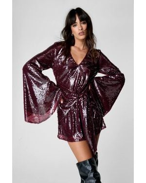 Nasty Gal Sequin Flared Sleeve Tie Front Mini Dress