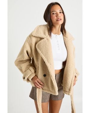 Boohoo Oversized Collar Belted Teddy Jacket - Natural