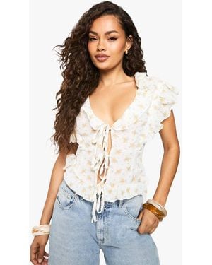 Boohoo Woven Floral Print Tie Front Top - White