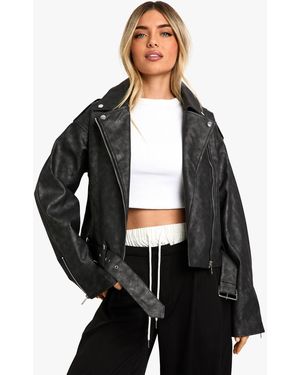 Boohoo Vintage Look Faux Leather Biker Jacket - Black