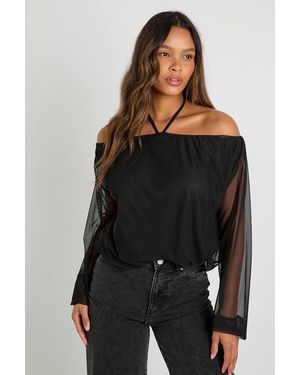 Boohoo Off The Shoulder Tie Neck Ruffle Hem Mesh Blouse - Black