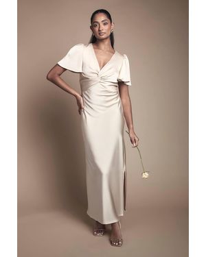 Oasis Satin Twist Front Angel Sleeve Midi Bridesmaid Dress - Natural