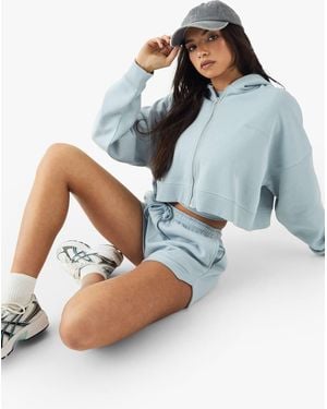 DSGN Studio Embroidered Zip Through Boxy Crop Hoodie - Blue